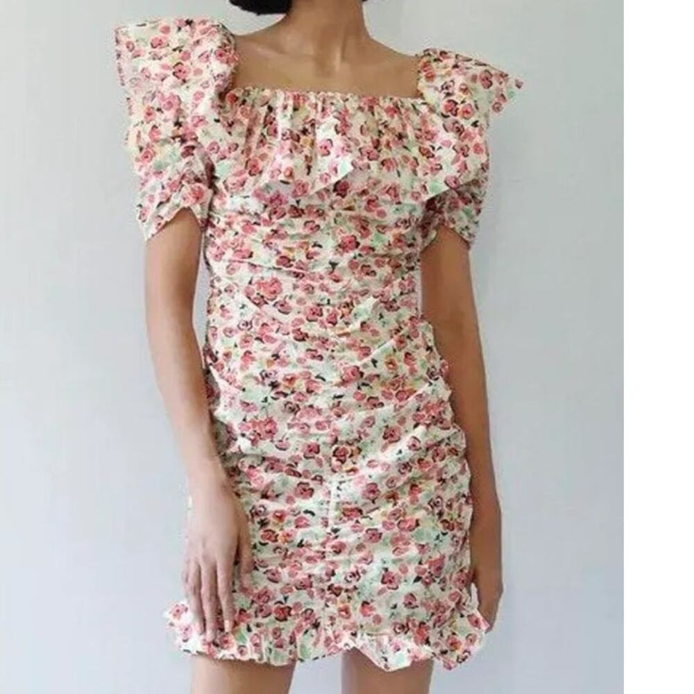 Zara Floral Ruffle Rushed Floral Mini Dress Size XS NWT